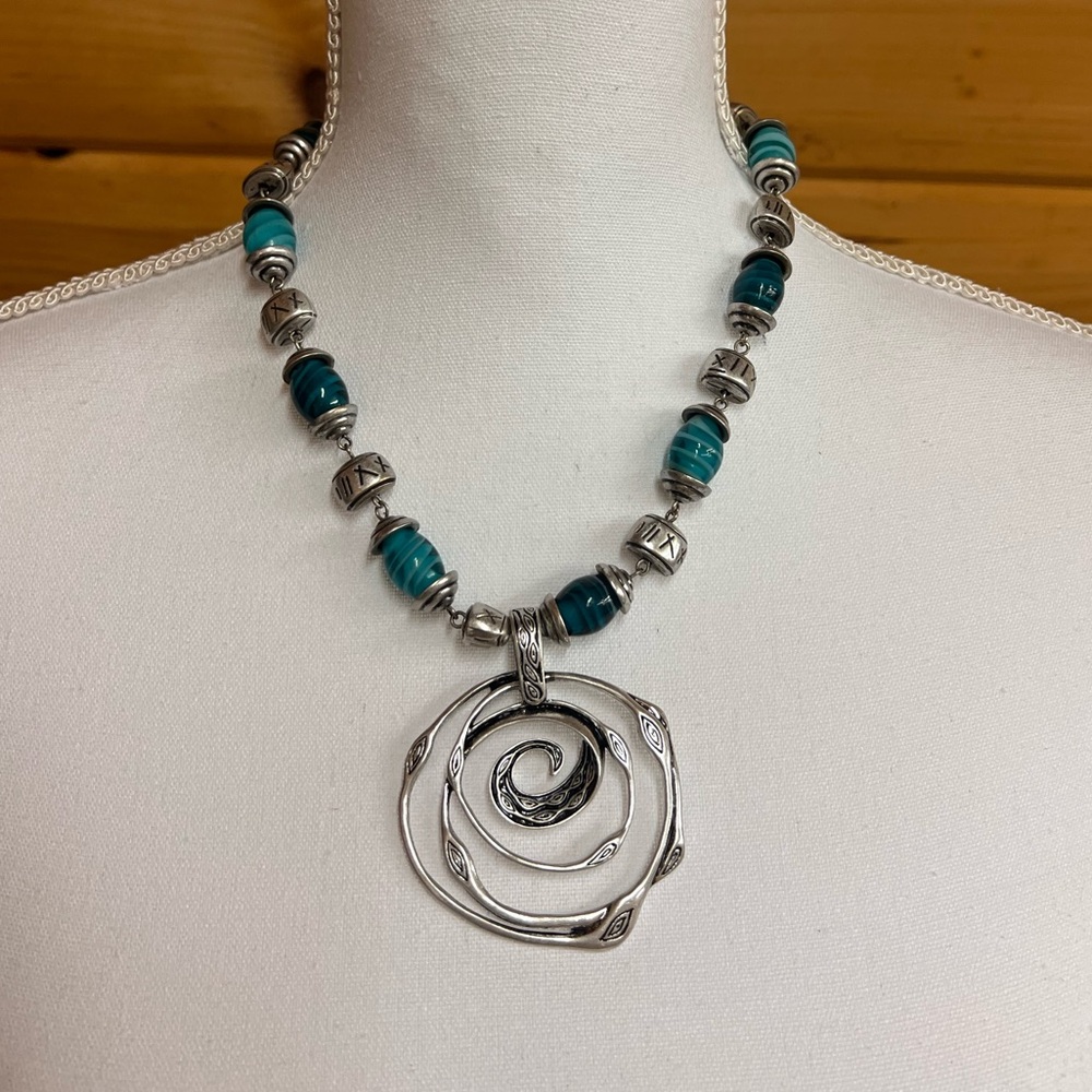 Silver and Teal Spiral Pendant Necklace